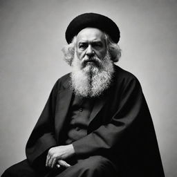 Design a high-quality, black and white image of Karl Marx portrayed as an Imam, in a state of solemn prayer, exhibiting profound tranquility.