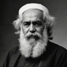 Design a high-quality, black and white image of Karl Marx portrayed as an Imam, in a state of solemn prayer, exhibiting profound tranquility.