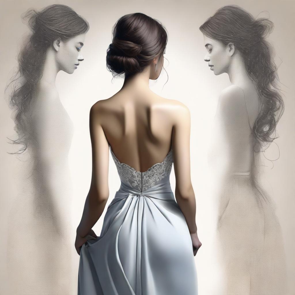 A high-quality digital art image, portraying the back of a woman