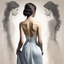 A high-quality digital art image, portraying the back of a woman