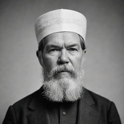 Create a high-definition, black and white image of Friedrich Engels visualized as an Imam, immersed in the act of reverent prayer.