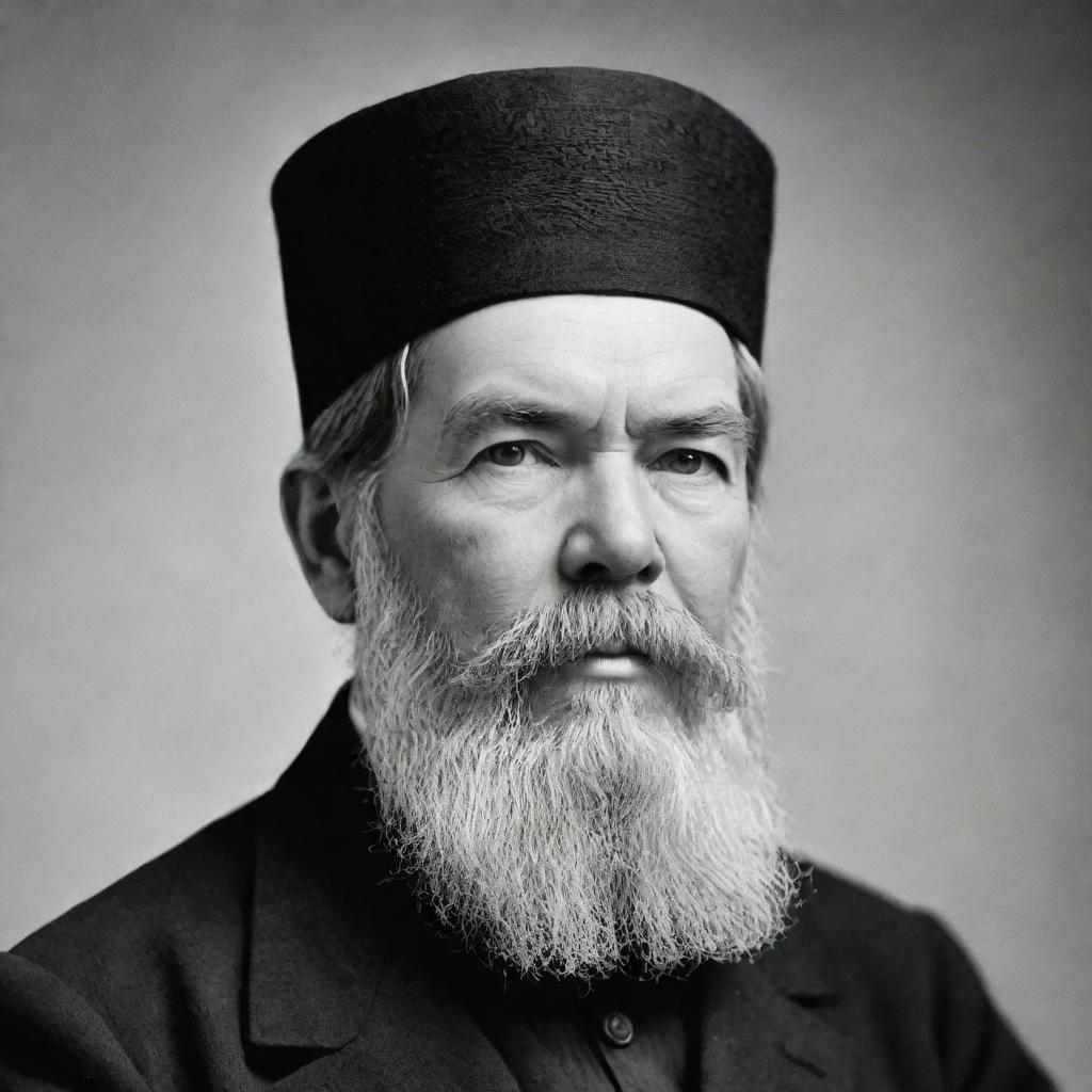 Create a high-definition, black and white image of Friedrich Engels visualized as an Imam, immersed in the act of reverent prayer.