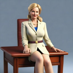 A high-quality 3D render of a blonde female politician, with a curvaceous figure