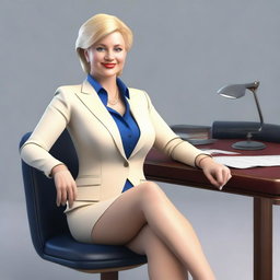 A high-quality 3D render of a blonde female politician, with a curvaceous figure