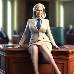 A high-quality 3D render of a blonde female politician, with a curvaceous figure