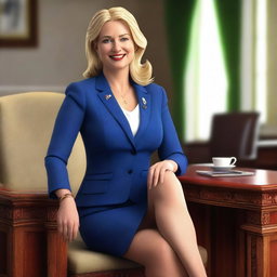 A high-quality 3D render of a blonde female politician, with a curvaceous figure