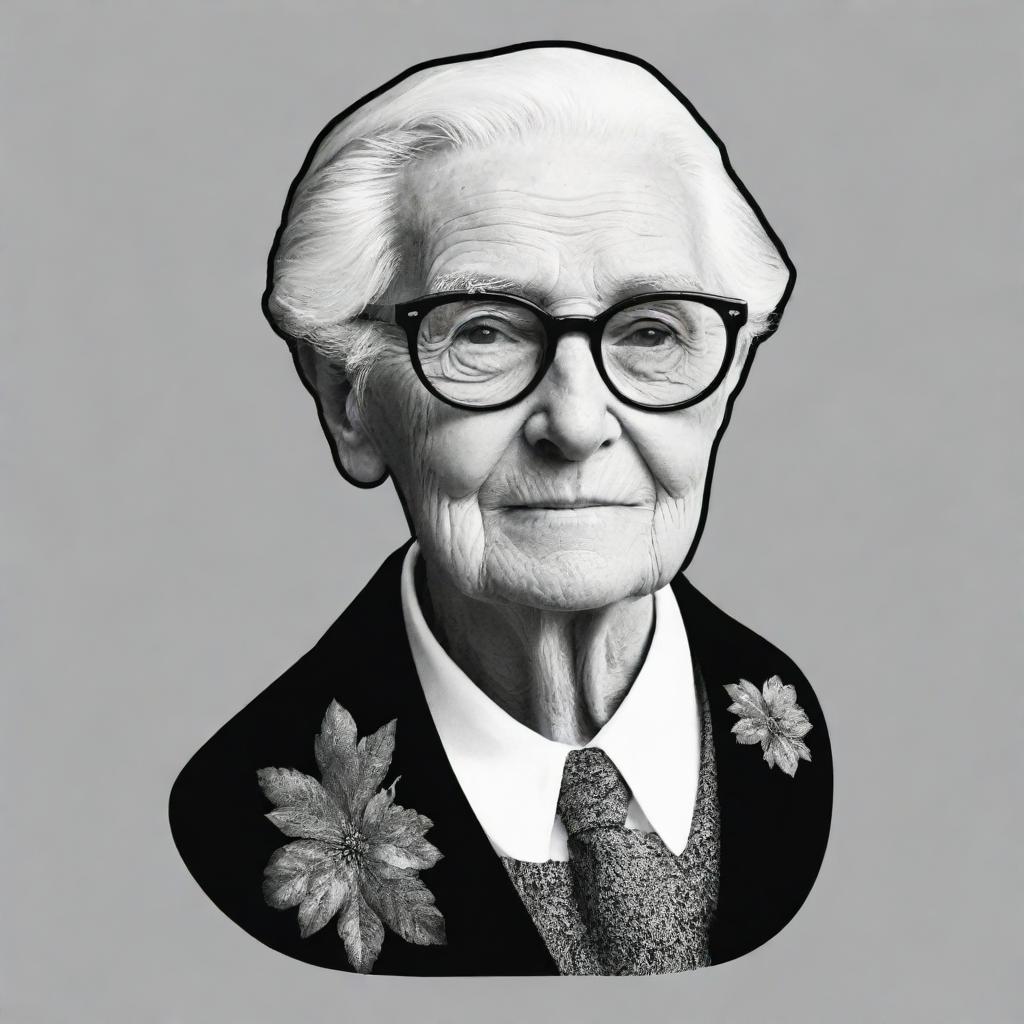 A black and white logo for a graphic t-shirt, featuring a distinguished old grandparent. Should include a brief, artistic narrative encapsulating a 50-word history of fashion.