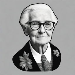 A black and white logo for a graphic t-shirt, featuring a distinguished old grandparent. Should include a brief, artistic narrative encapsulating a 50-word history of fashion.