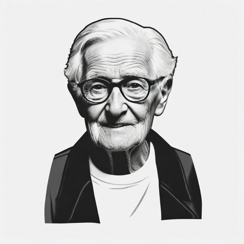 A black and white logo for a graphic t-shirt, featuring a distinguished old grandparent. Should include a brief, artistic narrative encapsulating a 50-word history of fashion.