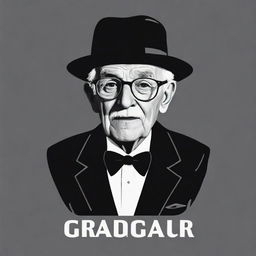 A black and white logo for a graphic t-shirt, featuring a distinguished old grandparent. Should include a brief, artistic narrative encapsulating a 50-word history of fashion.