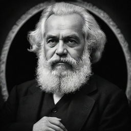 Generate a high-quality, black and white image of Karl Marx represented as an Imam, engrossed in the sincere act of making duaa (Islamic prayer).