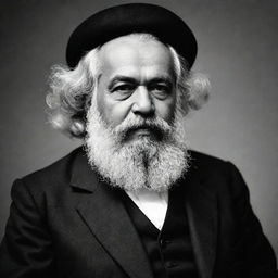 Generate a high-quality, black and white image of Karl Marx represented as an Imam, engrossed in the sincere act of making duaa (Islamic prayer).