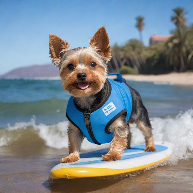 A Yorkshire mini terrier wearing a small sporty lifejacket, skillfully surfing on a wave in a sunny Argentinian beach with clear blue skies and distinct palm trees in the background.