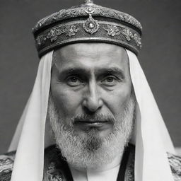 Create a high-definition, black and white image of Vladimir Putin, styled as a mullah, displaying a serious expression under his traditional headgear.