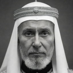 Create a high-definition, black and white image of Vladimir Putin, styled as a mullah, displaying a serious expression under his traditional headgear.