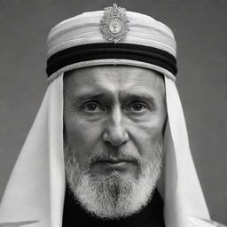 Create a high-definition, black and white image of Vladimir Putin, styled as a mullah, displaying a serious expression under his traditional headgear.