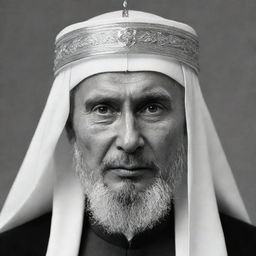 Create a high-definition, black and white image of Vladimir Putin, styled as a mullah, displaying a serious expression under his traditional headgear.