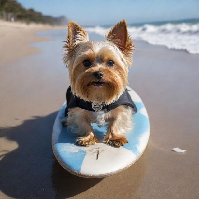 A miniature Yorkshire Terrier, shrouded in a mass of blonde hair, masterfully surfing on a beach in Argentina