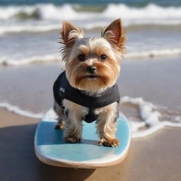 A miniature Yorkshire Terrier, shrouded in a mass of blonde hair, masterfully surfing on a beach in Argentina