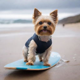 A miniature Yorkshire Terrier, shrouded in a mass of blonde hair, masterfully surfing on a beach in Argentina