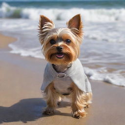 A miniature Yorkshire Terrier, shrouded in a mass of blonde hair, masterfully surfing on a beach in Argentina