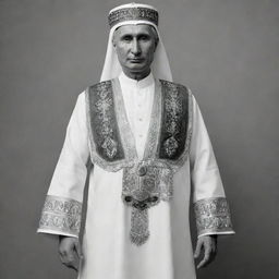 Depict a full body, high-resolution, black and white image of Vladimir Putin donned as a mullah, with attention to the details of his traditional outfit.