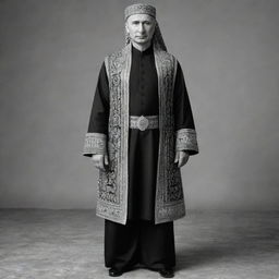 Depict a full body, high-resolution, black and white image of Vladimir Putin donned as a mullah, with attention to the details of his traditional outfit.