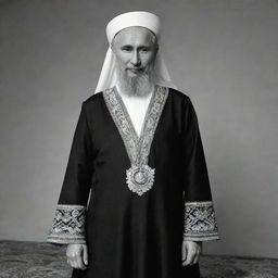 Depict a full body, high-resolution, black and white image of Vladimir Putin donned as a mullah, with attention to the details of his traditional outfit.