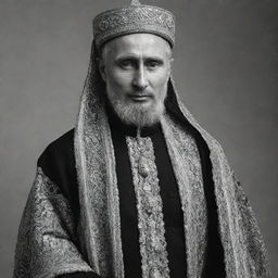 Depict a full body, high-resolution, black and white image of Vladimir Putin donned as a mullah, with attention to the details of his traditional outfit.