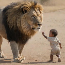 A brave and powerful man poised to confront a fierce lion to protect his child in a dramatic, tension-filled scene