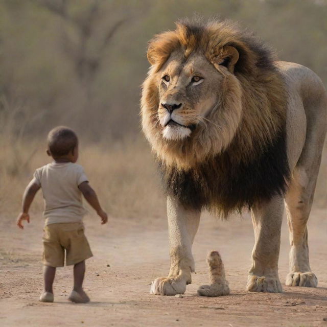 A brave and powerful man poised to confront a fierce lion to protect his child in a dramatic, tension-filled scene