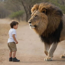 A brave and powerful man poised to confront a fierce lion to protect his child in a dramatic, tension-filled scene