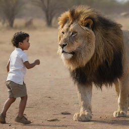 A brave and powerful man poised to confront a fierce lion to protect his child in a dramatic, tension-filled scene