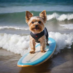 A miniature Yorkshire Terrier, covered in plentiful blonde hair, skillfully catching a wave and surfing on the Argentinean coast