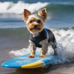 A miniature Yorkshire Terrier, covered in plentiful blonde hair, skillfully catching a wave and surfing on the Argentinean coast