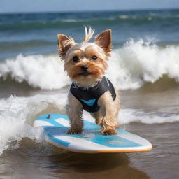 A miniature Yorkshire Terrier, covered in plentiful blonde hair, skillfully catching a wave and surfing on the Argentinean coast