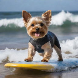 A miniature Yorkshire Terrier, covered in plentiful blonde hair, skillfully catching a wave and surfing on the Argentinean coast