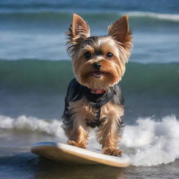 A miniature Yorkshire Terrier, with a voluminous amount of hair, adeptly surfing on the waves of the Argentinian coast