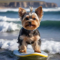 A miniature Yorkshire Terrier, with a voluminous amount of hair, adeptly surfing on the waves of the Argentinian coast