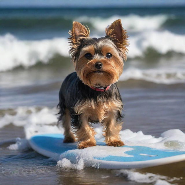 A miniature Yorkshire Terrier, with a voluminous amount of hair, adeptly surfing on the waves of the Argentinian coast