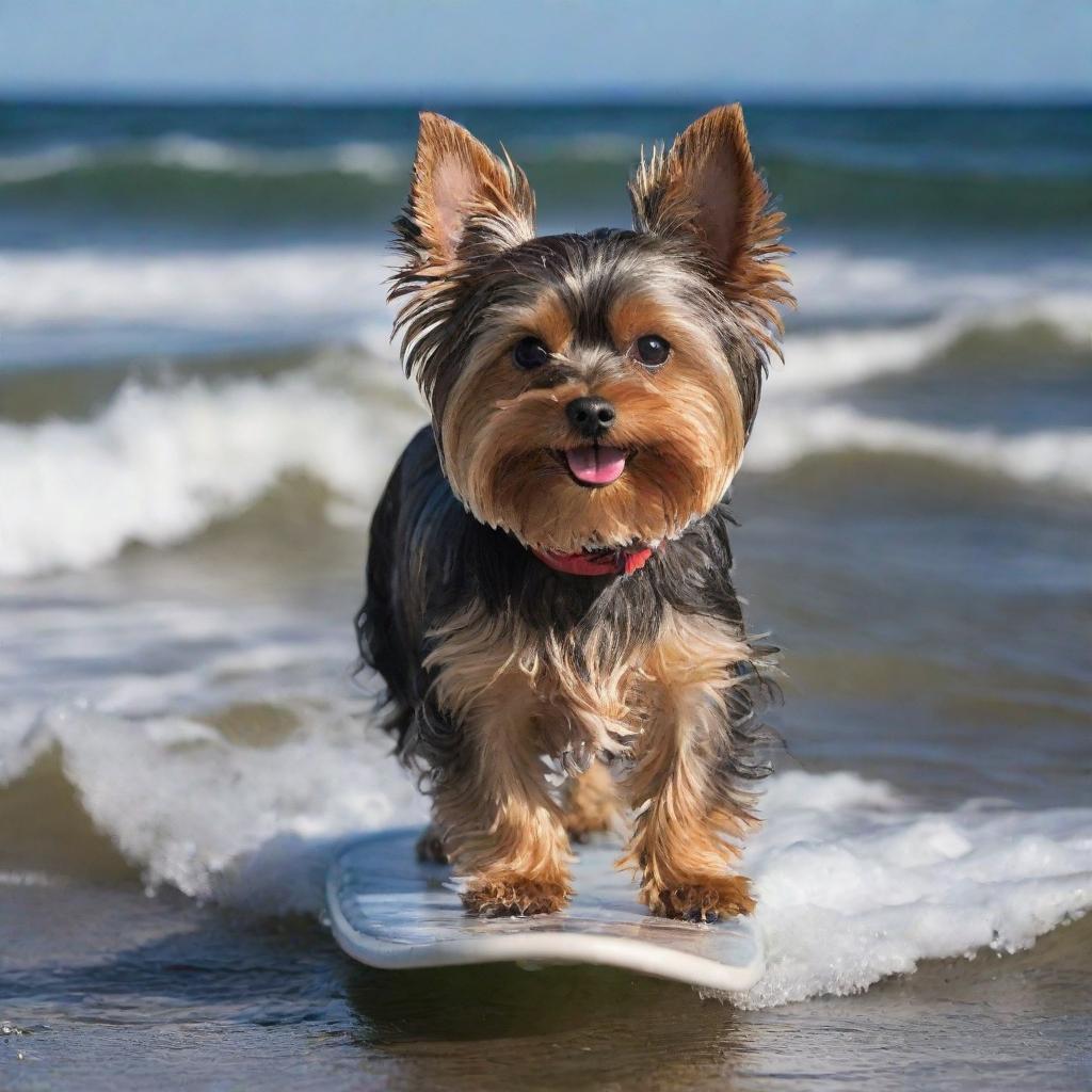 A miniature Yorkshire Terrier, with a voluminous amount of hair, adeptly surfing on the waves of the Argentinian coast