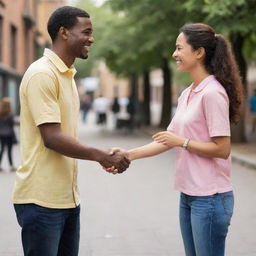 A friendly greeting exchanged between two people, shown visually in a universal, wholesome manner.