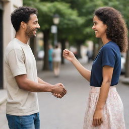 A friendly greeting exchanged between two people, shown visually in a universal, wholesome manner.