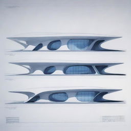 Architectural blueprints of a futuristic building designed by Zaha Hadid