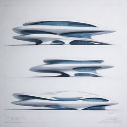 Architectural blueprints of a futuristic building designed by Zaha Hadid