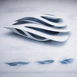 Architectural blueprints of a futuristic building designed by Zaha Hadid