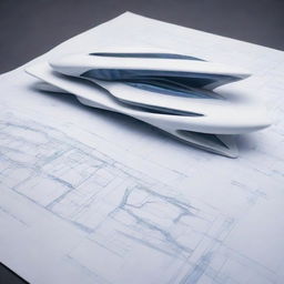 Architectural blueprints of a futuristic building designed by Zaha Hadid