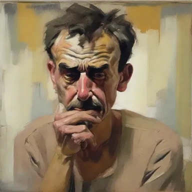The artist depicted a fuss-budget in her painting, capturing the worried expression on his face and the tension in his body language.
