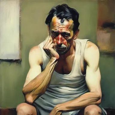 The artist depicted a fuss-budget in her painting, capturing the worried expression on his face and the tension in his body language.