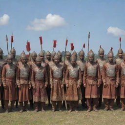 A gathering of warriors from the Aceh Sultanate, adorned in traditional armor and attire, brandishing their weapons under a clear sky.